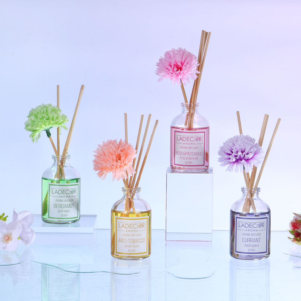 LADECOR Аромадиффузор с палочками и декором, 50мл, ароматы розы-пачули/бергамот/смородины/анти-табак, арт.№ 412-012