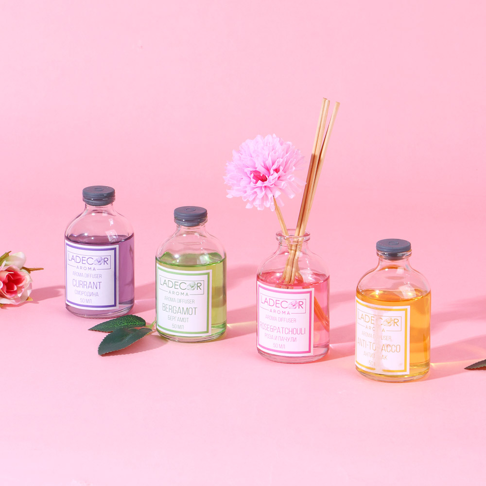 LADECOR Аромадиффузор с палочками и декором, 50мл, ароматы розы-пачули/бергамот/смородины/анти-табак, арт.№ 412-012