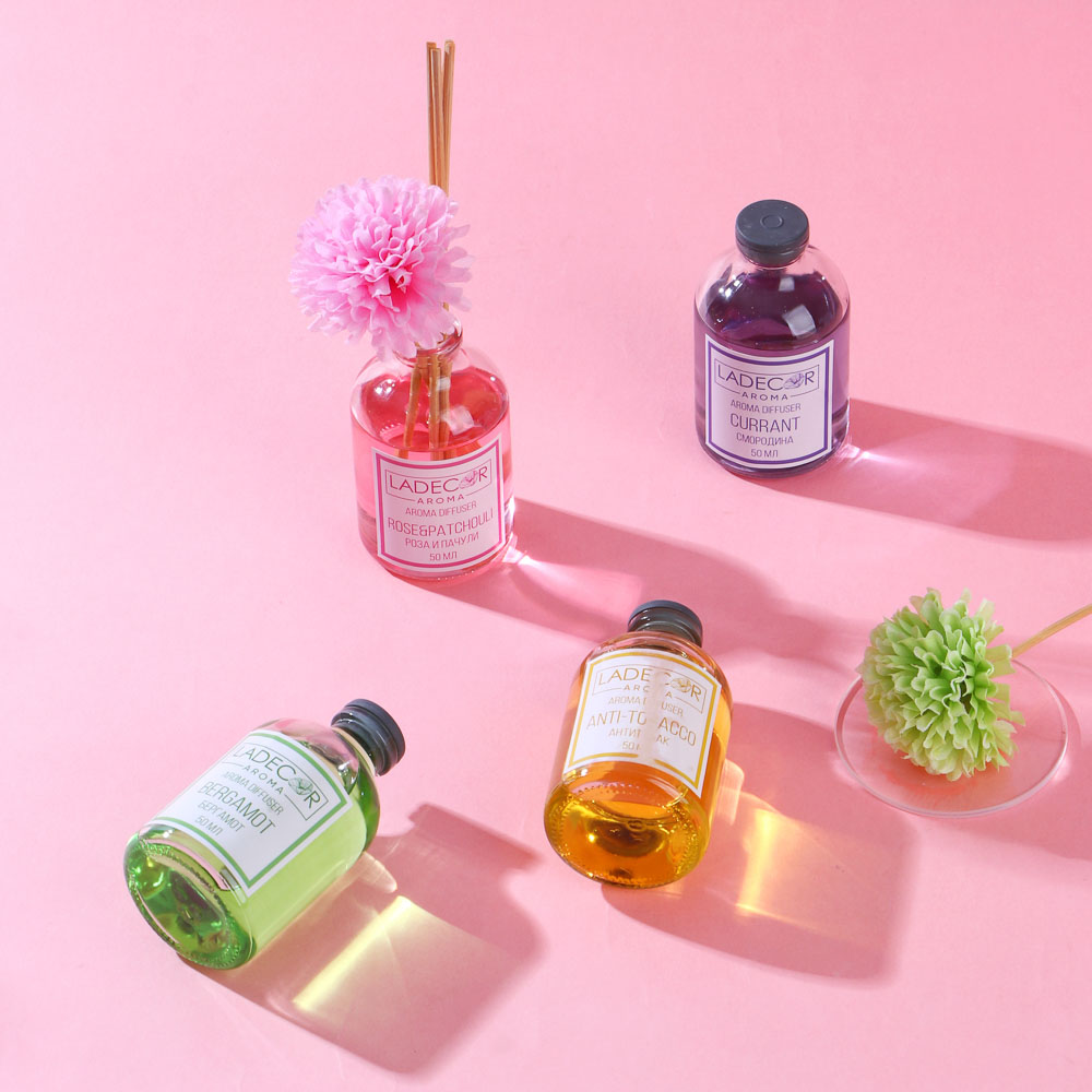 LADECOR Аромадиффузор с палочками и декором, 50мл, ароматы розы-пачули/бергамот/смородины/анти-табак, арт.№ 412-012