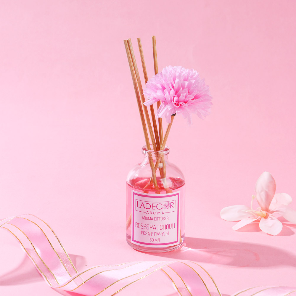 LADECOR Аромадиффузор с палочками и декором, 50мл, ароматы розы-пачули/бергамот/смородины/анти-табак, арт.№ 412-012