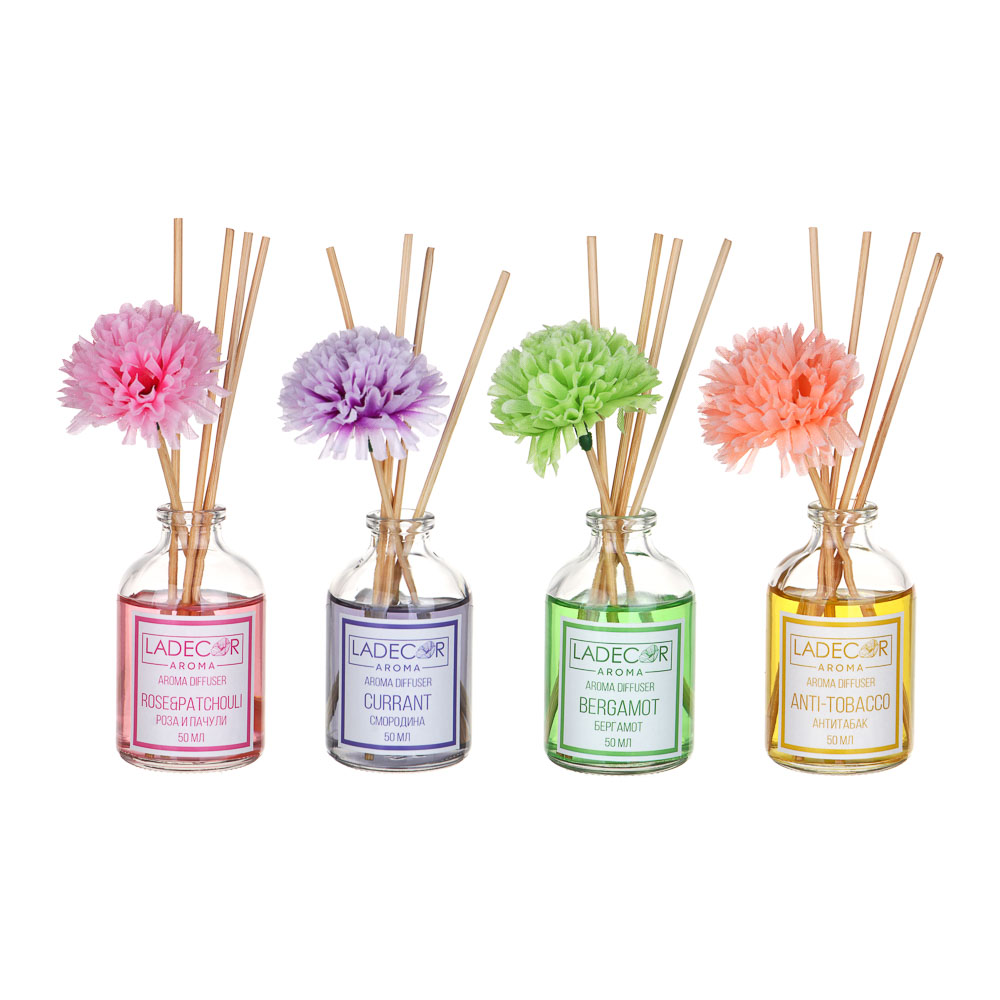 LADECOR Аромадиффузор с палочками и декором, 50мл, ароматы розы-пачули/бергамот/смородины/анти-табак, арт.№ 412-012