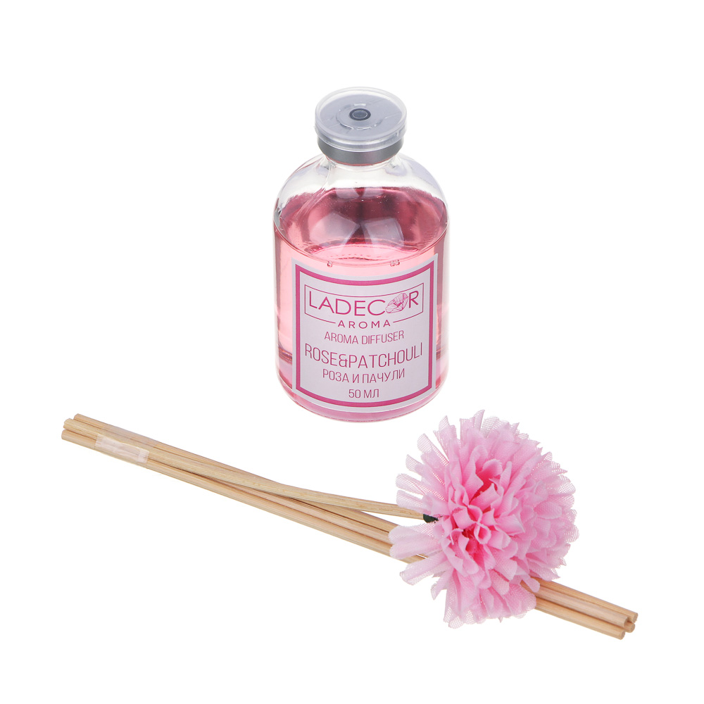 LADECOR Аромадиффузор с палочками и декором, 50мл, ароматы розы-пачули/бергамот/смородины/анти-табак, арт.№ 412-012