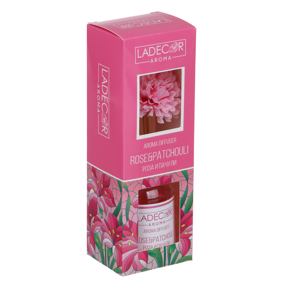LADECOR Аромадиффузор с палочками и декором, 50мл, ароматы розы-пачули/бергамот/смородины/анти-табак, арт.№ 412-012