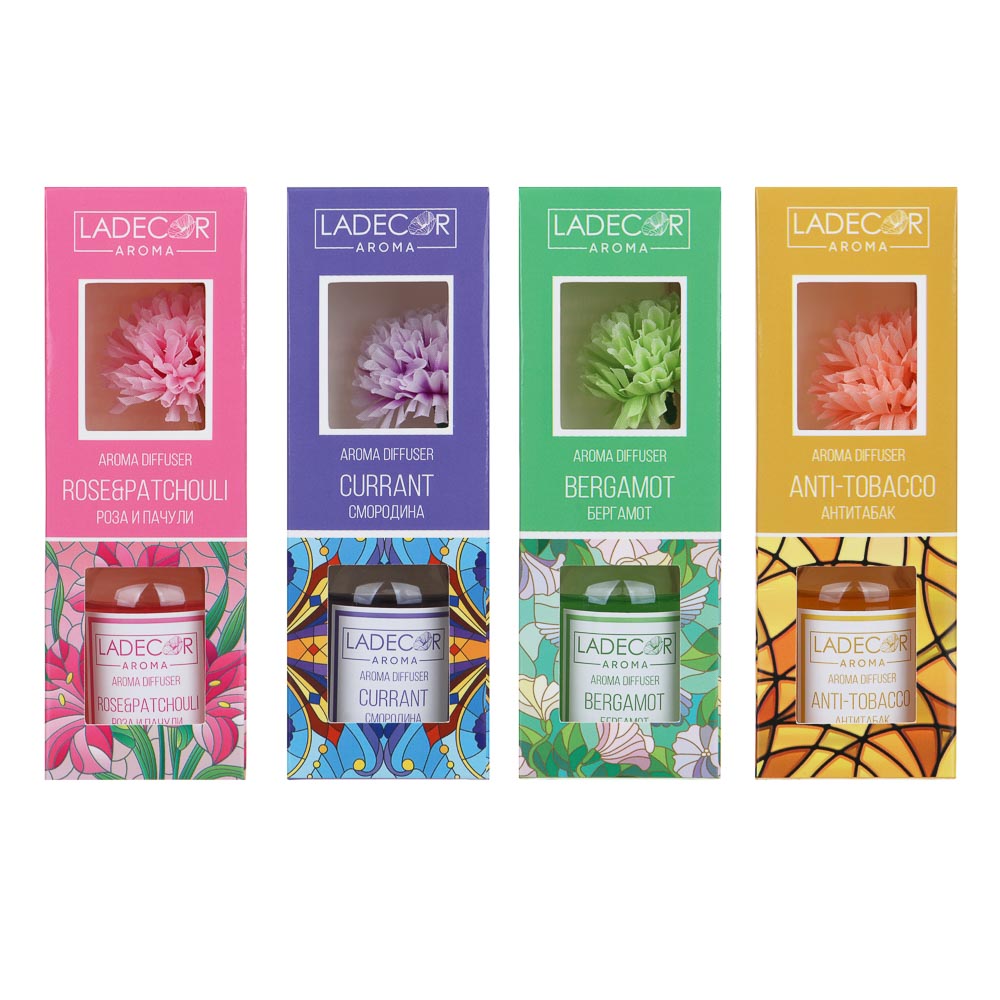 LADECOR Аромадиффузор с палочками и декором, 50мл, ароматы розы-пачули/бергамот/смородины/анти-табак, арт.№ 412-012
