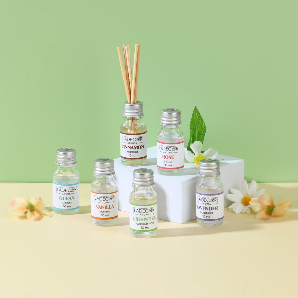 LADECOR Аромадиффузор с палочками, 10мл 6 ароматов зел.чай,лаванда,роза,ваниль,океан,корица, арт.№ 536-283