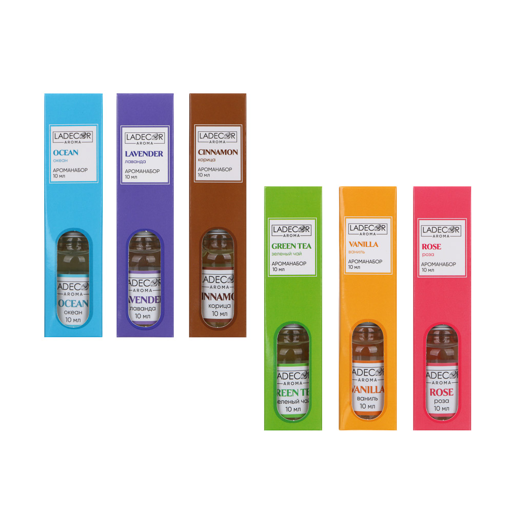 LADECOR Аромадиффузор с палочками, 10мл 6 ароматов зел.чай,лаванда,роза,ваниль,океан,корица, арт.№ 536-283