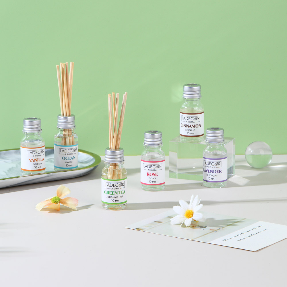 LADECOR Аромадиффузор с палочками, 10мл 6 ароматов зел.чай,лаванда,роза,ваниль,океан,корица, арт.№ 536-283