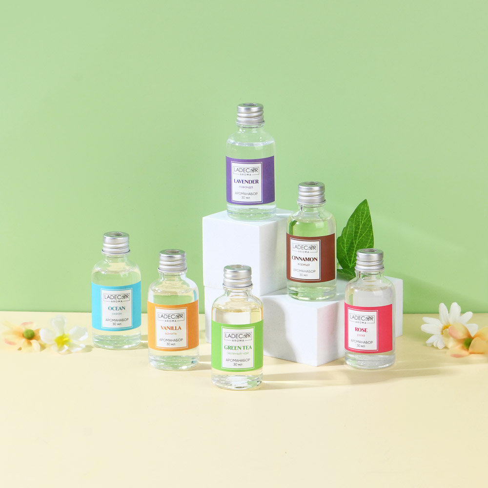 LADECOR Аромадиффузор с палочками, 10мл 6 ароматов зел.чай,лаванда,роза,ваниль,океан,корица, арт.№ 536-283