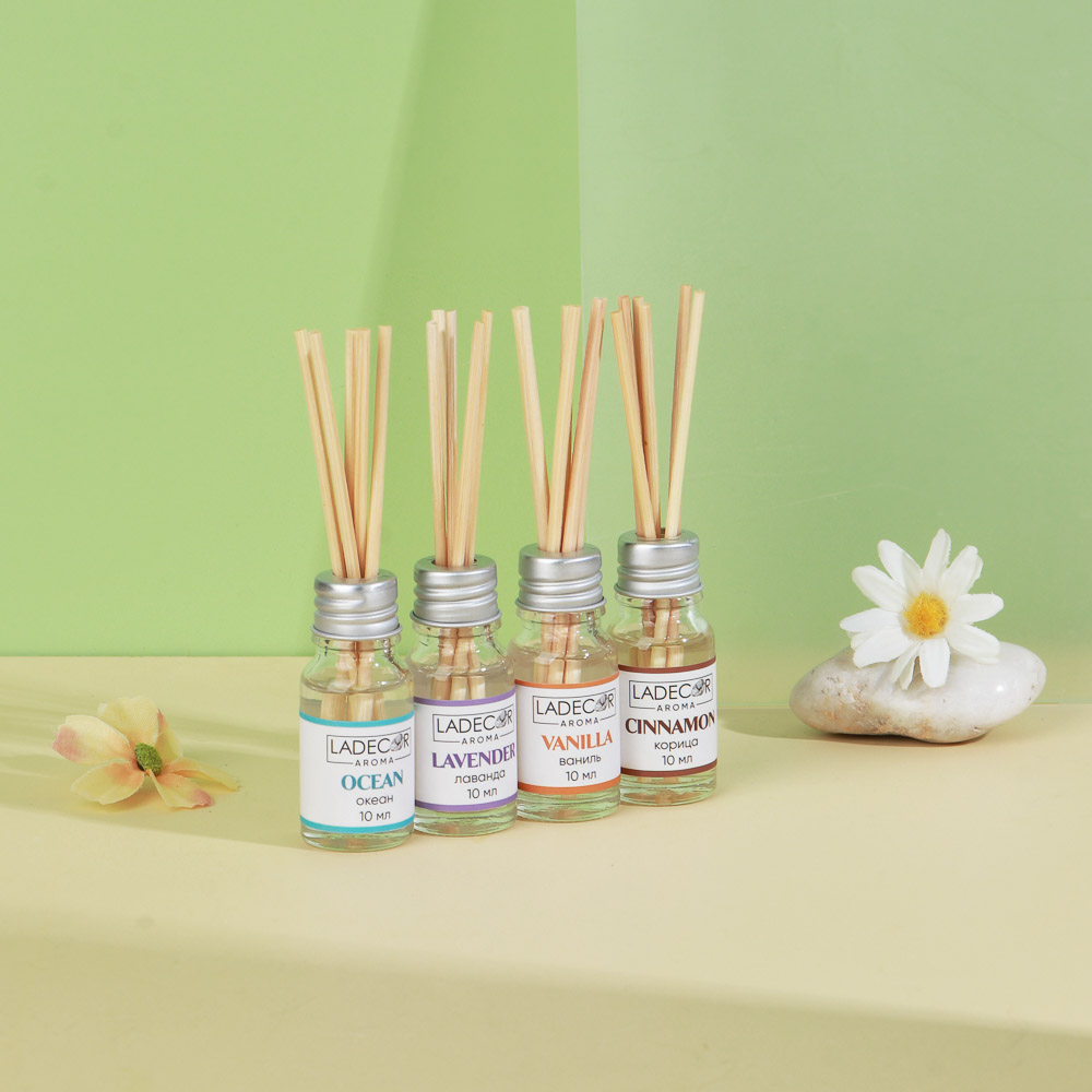 LADECOR Аромадиффузор с палочками, 10мл 6 ароматов зел.чай,лаванда,роза,ваниль,океан,корица, арт.№ 536-283