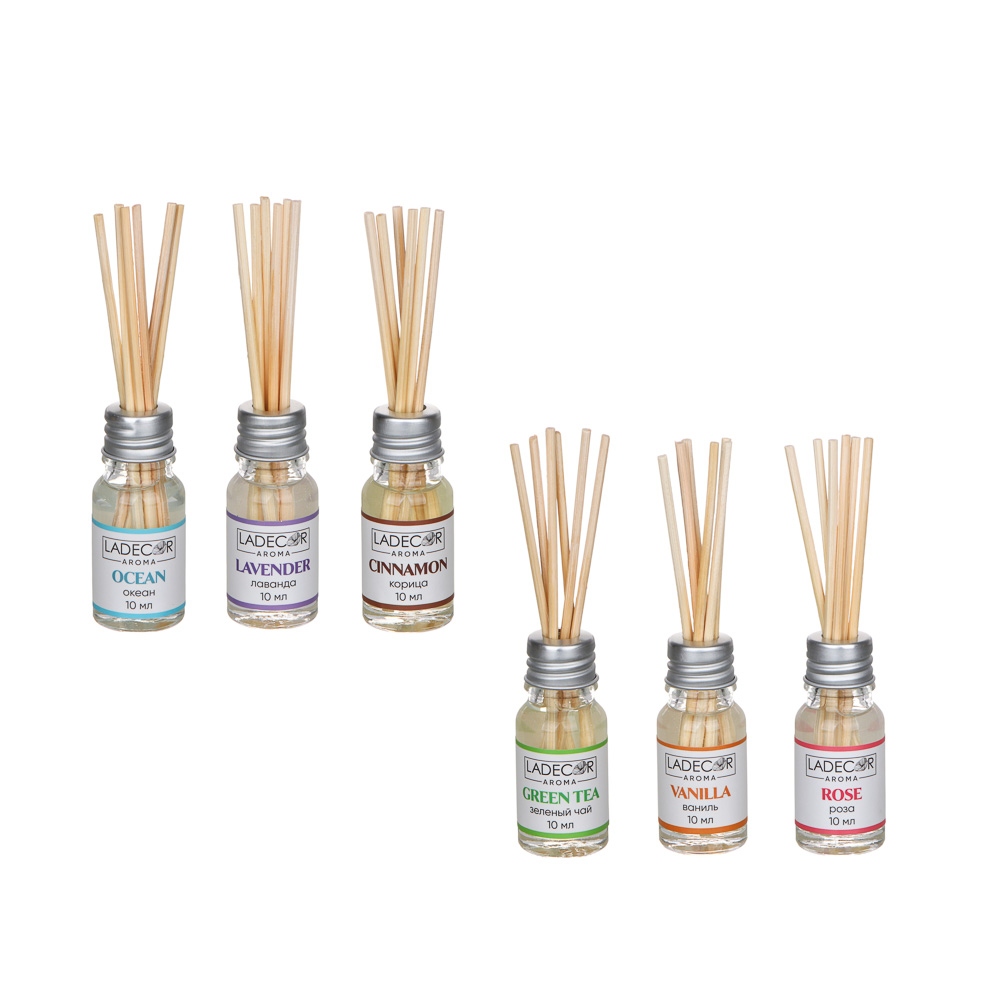 LADECOR Аромадиффузор с палочками, 10мл 6 ароматов зел.чай,лаванда,роза,ваниль,океан,корица, арт.№ 536-283