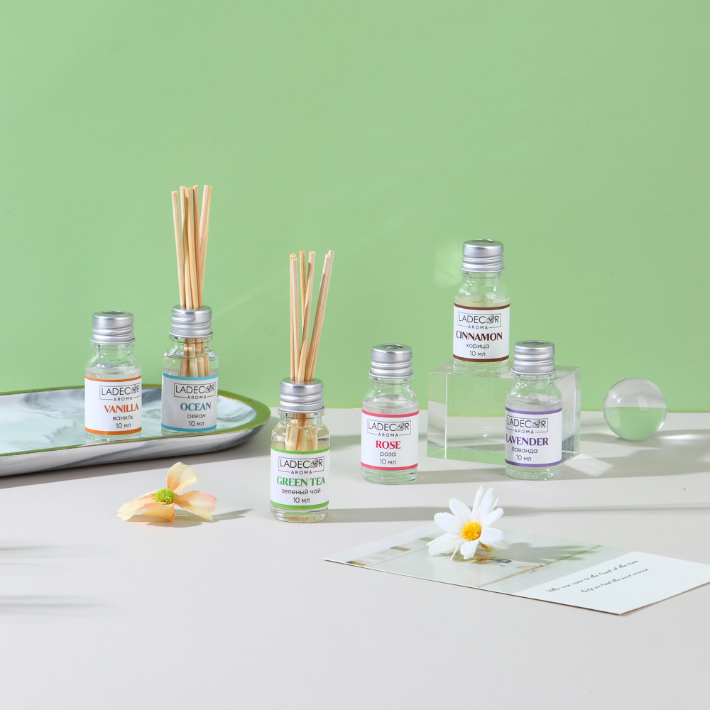 LADECOR Аромадиффузор с палочками, 30мл 6 ароматов зел. чай, лаванда, роза, ваниль, океан, корица, арт.№ 536-284
