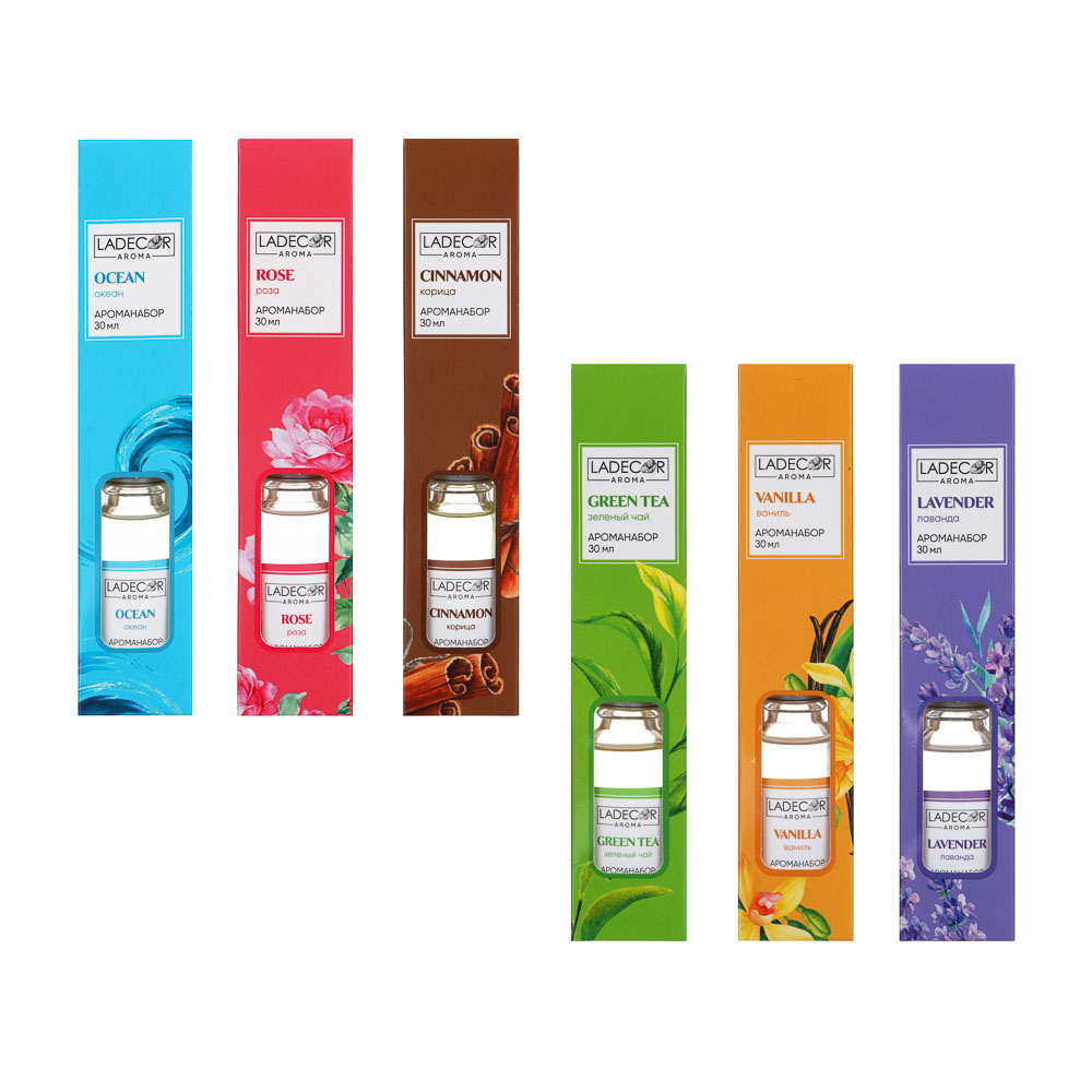 LADECOR Аромадиффузор с палочками, 30мл 6 ароматов зел. чай, лаванда, роза, ваниль, океан, корица, арт.№ 536-284