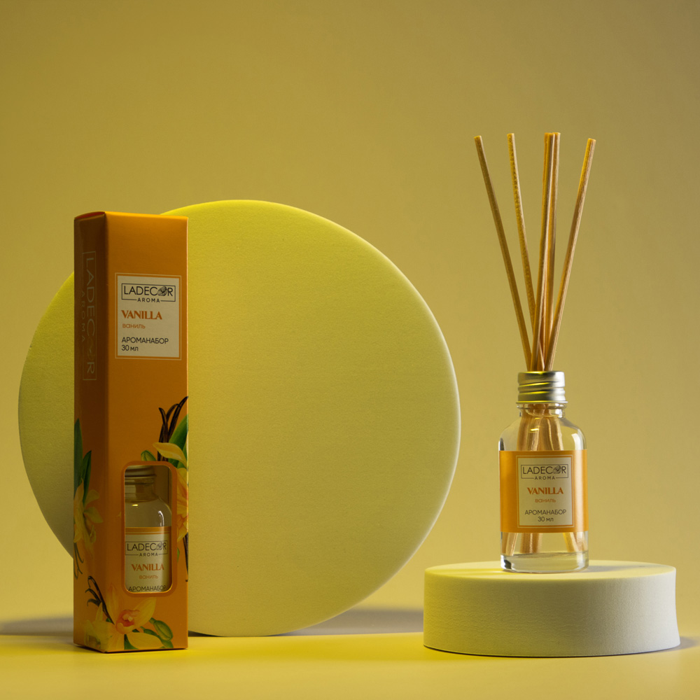 LADECOR Аромадиффузор с палочками, 30мл 6 ароматов зел. чай, лаванда, роза, ваниль, океан, корица, арт.№ 536-284