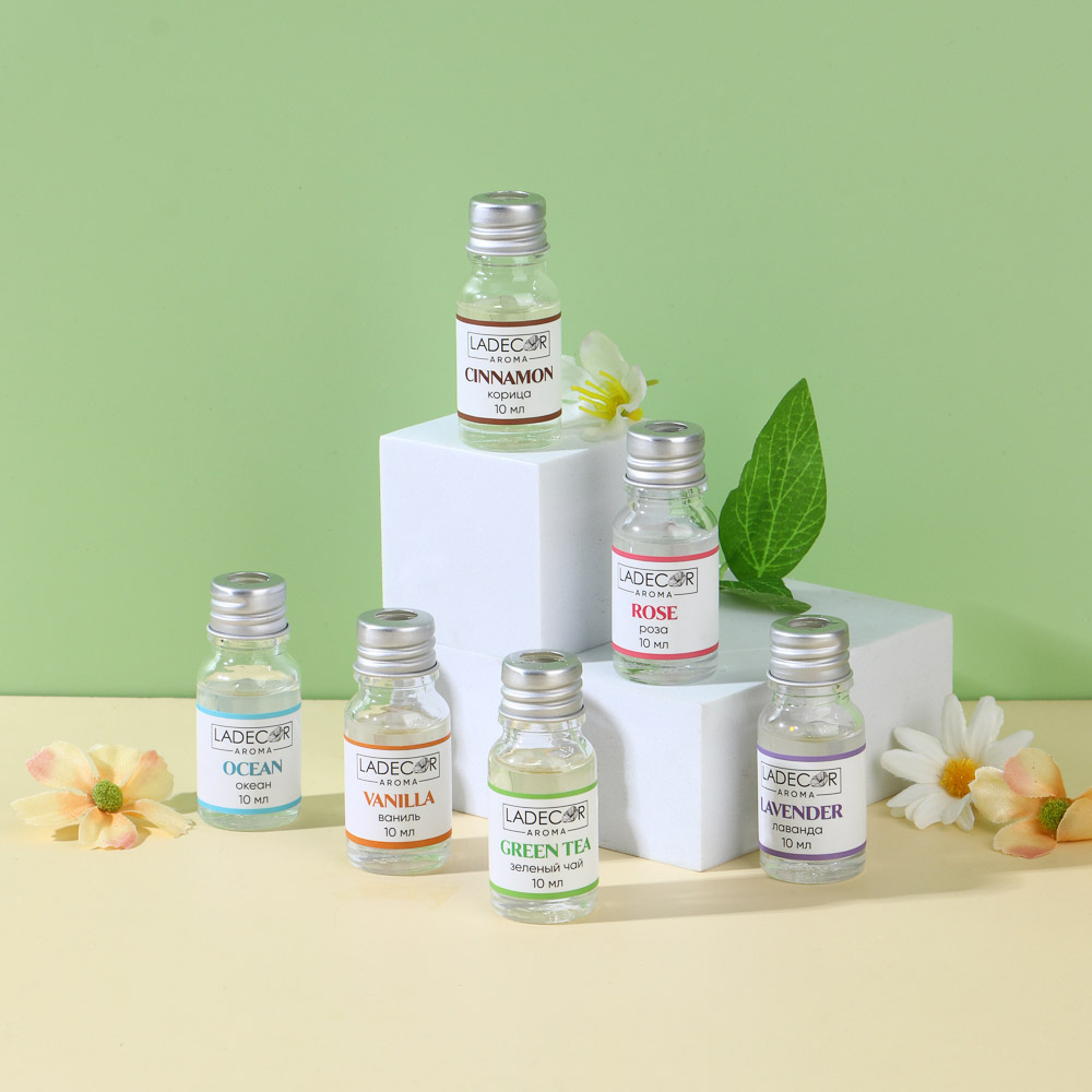 LADECOR Аромадиффузор с палочками, 30мл 6 ароматов зел. чай, лаванда, роза, ваниль, океан, корица, арт.№ 536-284