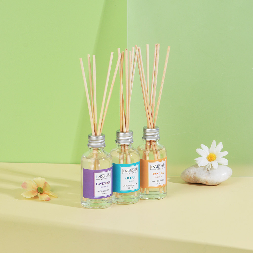 LADECOR Аромадиффузор с палочками, 30мл 6 ароматов зел. чай, лаванда, роза, ваниль, океан, корица, арт.№ 536-284