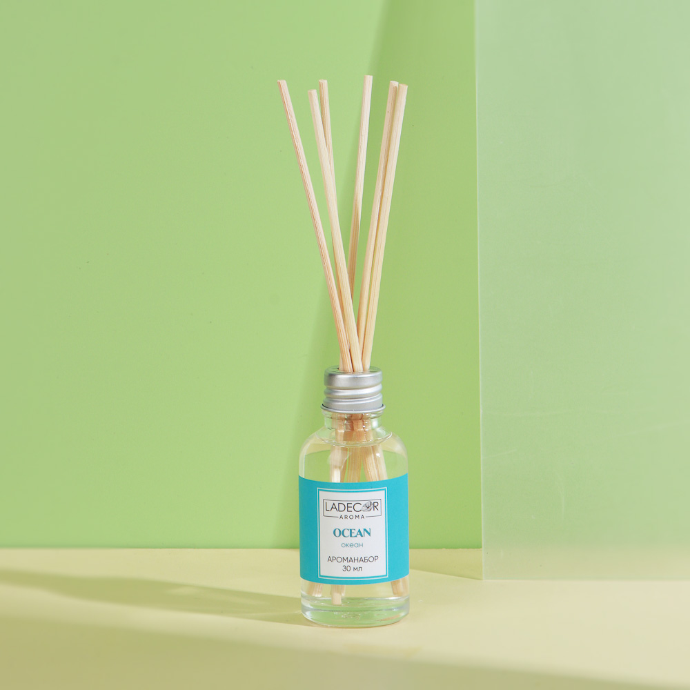 LADECOR Аромадиффузор с палочками, 30мл 6 ароматов зел. чай, лаванда, роза, ваниль, океан, корица, арт.№ 536-284