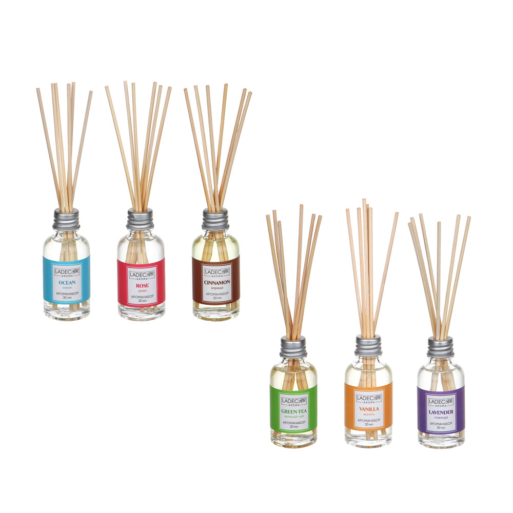 LADECOR Аромадиффузор с палочками, 30мл 6 ароматов зел. чай, лаванда, роза, ваниль, океан, корица, арт.№ 536-284