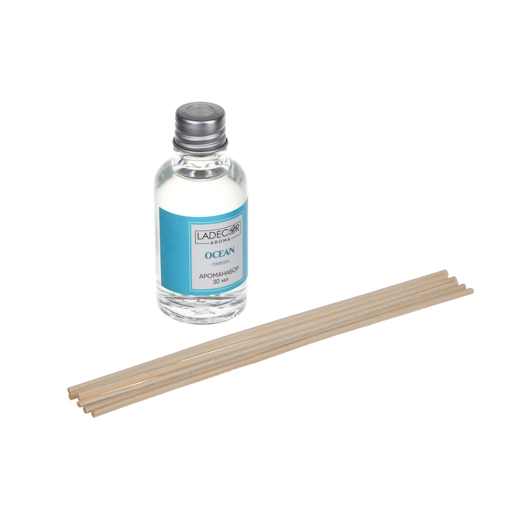 LADECOR Аромадиффузор с палочками, 30мл 6 ароматов зел. чай, лаванда, роза, ваниль, океан, корица, арт.№ 536-284
