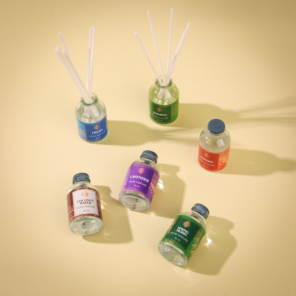 LADECOR Аромадиффузор с палочками, 35 мл, 6 ароматов жасмин,лаванда,сандал,свежесть,кокос,вес.травы, арт.№ 412-047