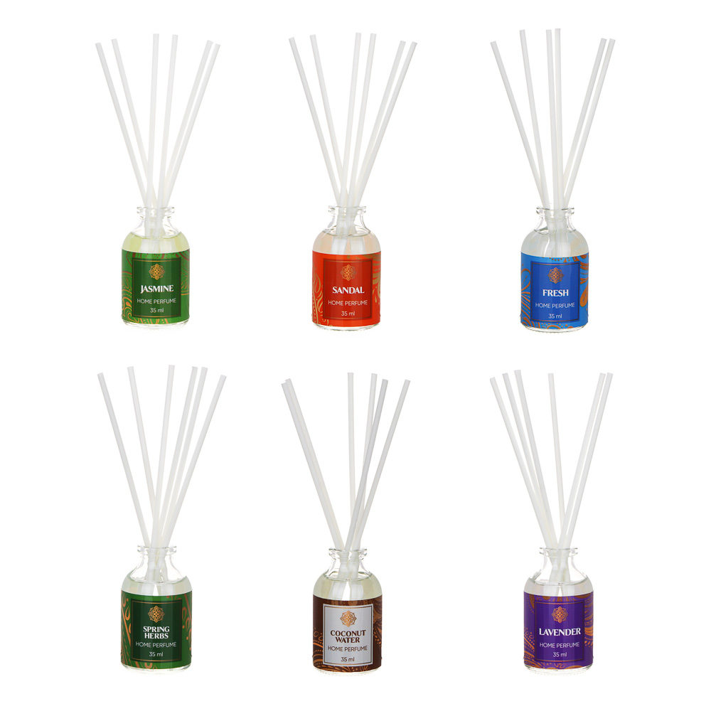 LADECOR Аромадиффузор с палочками, 35 мл, 6 ароматов жасмин,лаванда,сандал,свежесть,кокос,вес.травы, арт.№ 412-047
