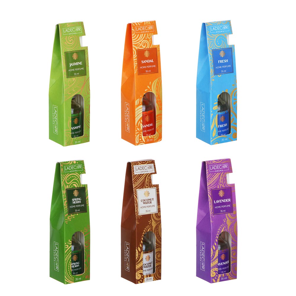LADECOR Аромадиффузор с палочками, 35 мл, 6 ароматов жасмин,лаванда,сандал,свежесть,кокос,вес.травы, арт.№ 412-047