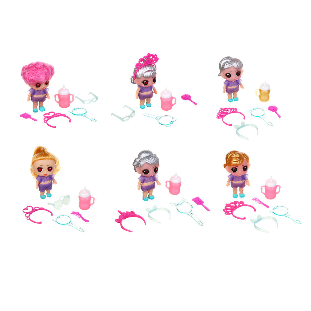 ИГРОЛЕНД Кукла-сюрприз в шаре-подставке, 7 пр., ПВХ, РР, 9,5х9,5х9,5см, 6 дизайнов, арт.№ 274-178