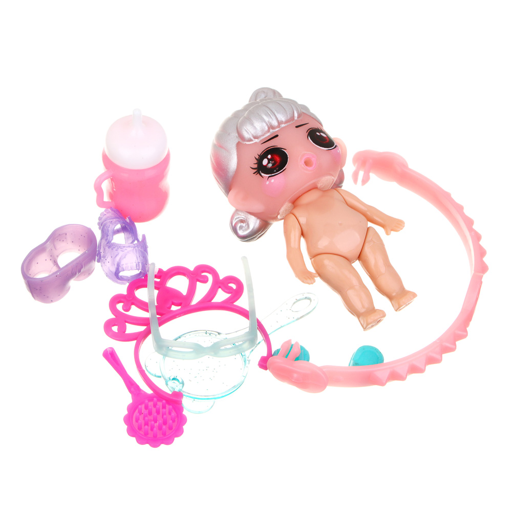 ИГРОЛЕНД Кукла-сюрприз в шаре-подставке, 7 пр., ПВХ, РР, 9,5х9,5х9,5см, 6 дизайнов, арт.№ 274-178