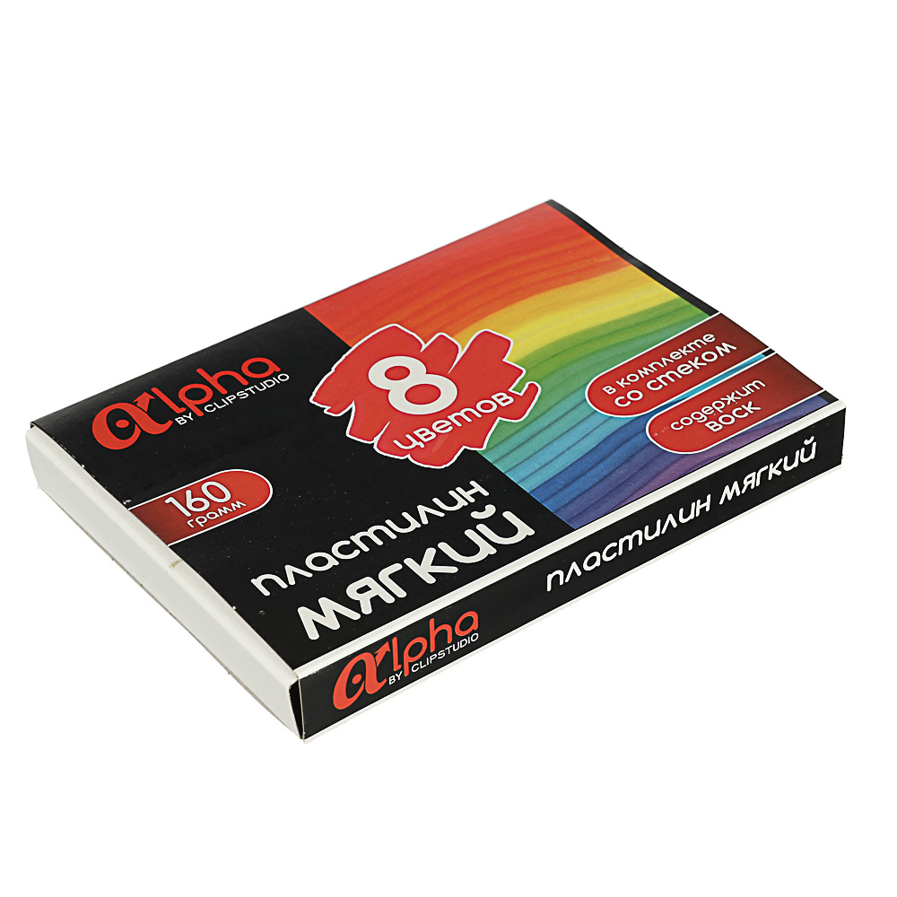 ClipStudio Пластилин мягкий, 8 цв. 160г "Альфа", со стеком, в картонной коробке с выб.лаком, ПРЕМИУМ, арт.№ 239-045