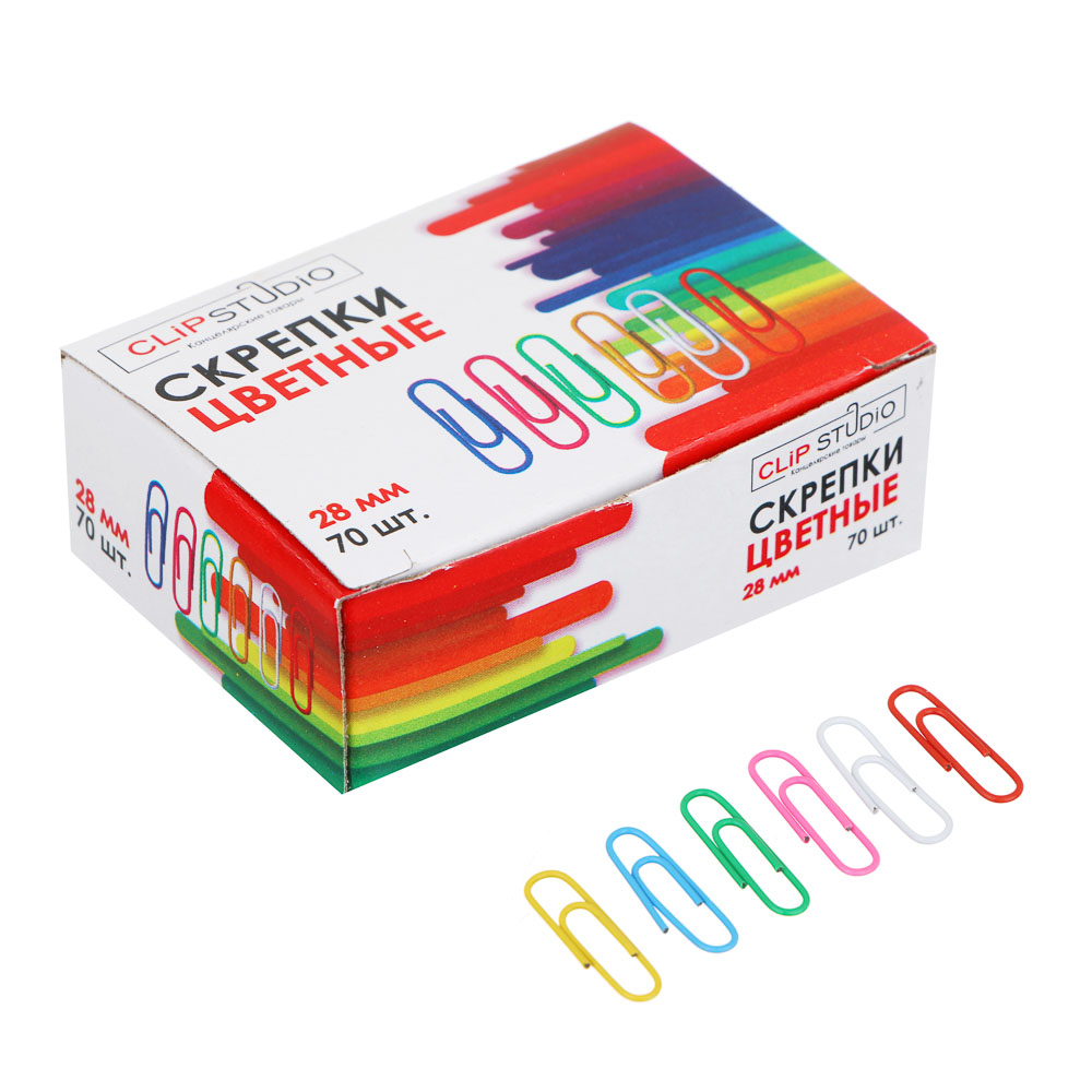 Скрепки металлические ClipStudio цветные 28мм, 70 штук в картонной коробке, арт.№ 588-013