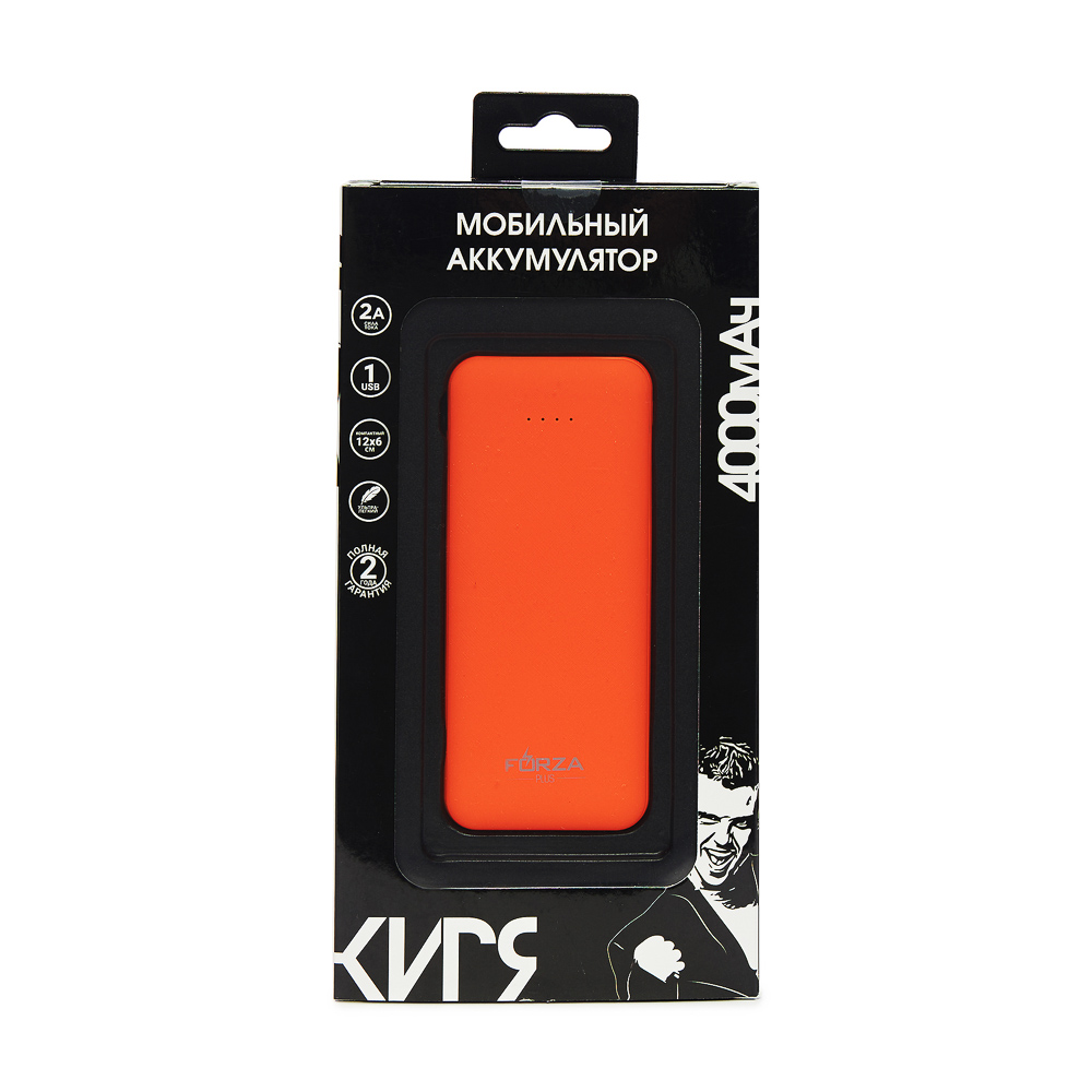 FORZA КИРЯ Аккумулятор мобильный, 4000 мАч, USB, 2А, прорезиненное покрытие, пластик, 4 цвета, арт.№ 916-392