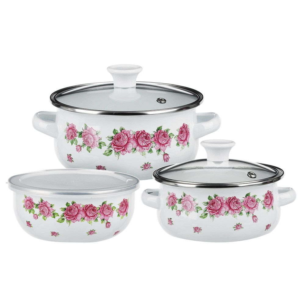 Набор мини-кастрюли 2шт. + салатник 1шт., с крышками, 6пр (14/16+14см, 0,7/1,1+0,7л) "Роузи", арт.№ 894-461