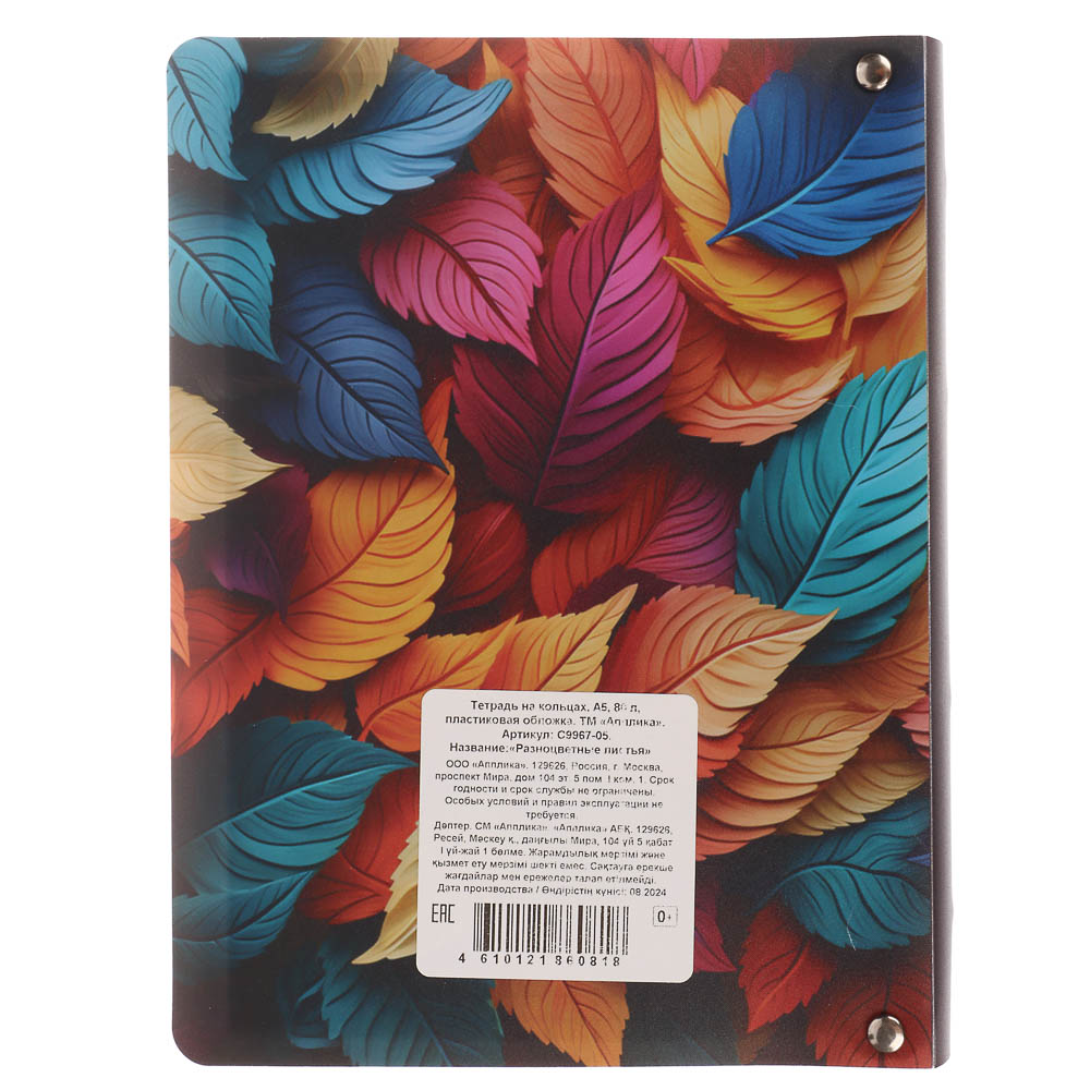 Тетрадь на кольцах А5, 80 л., клетка, обложка пластик, белый блок, микс, арт.№ 578-182