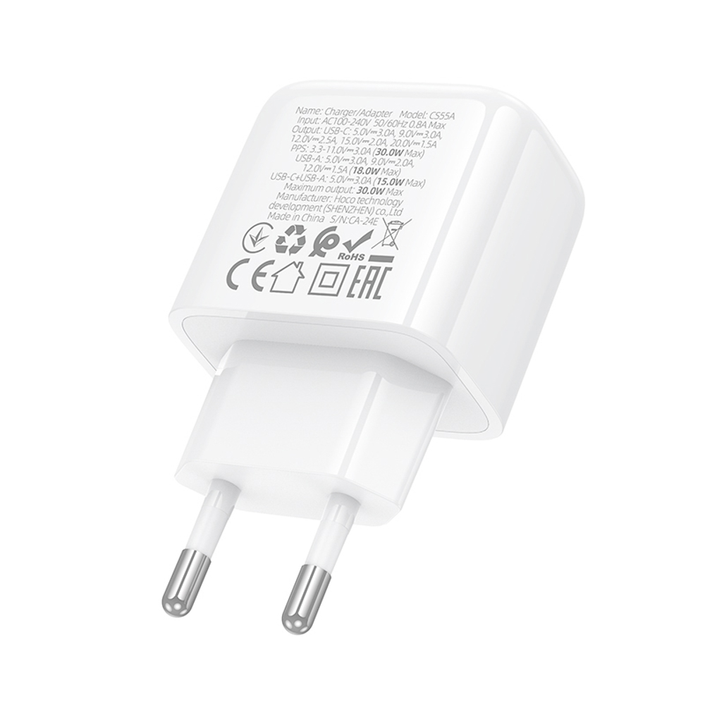 Сетевое зарядное устройство hoco. модель CS55A, USB+C 30W, цвет: белый, арт.№ 916-271