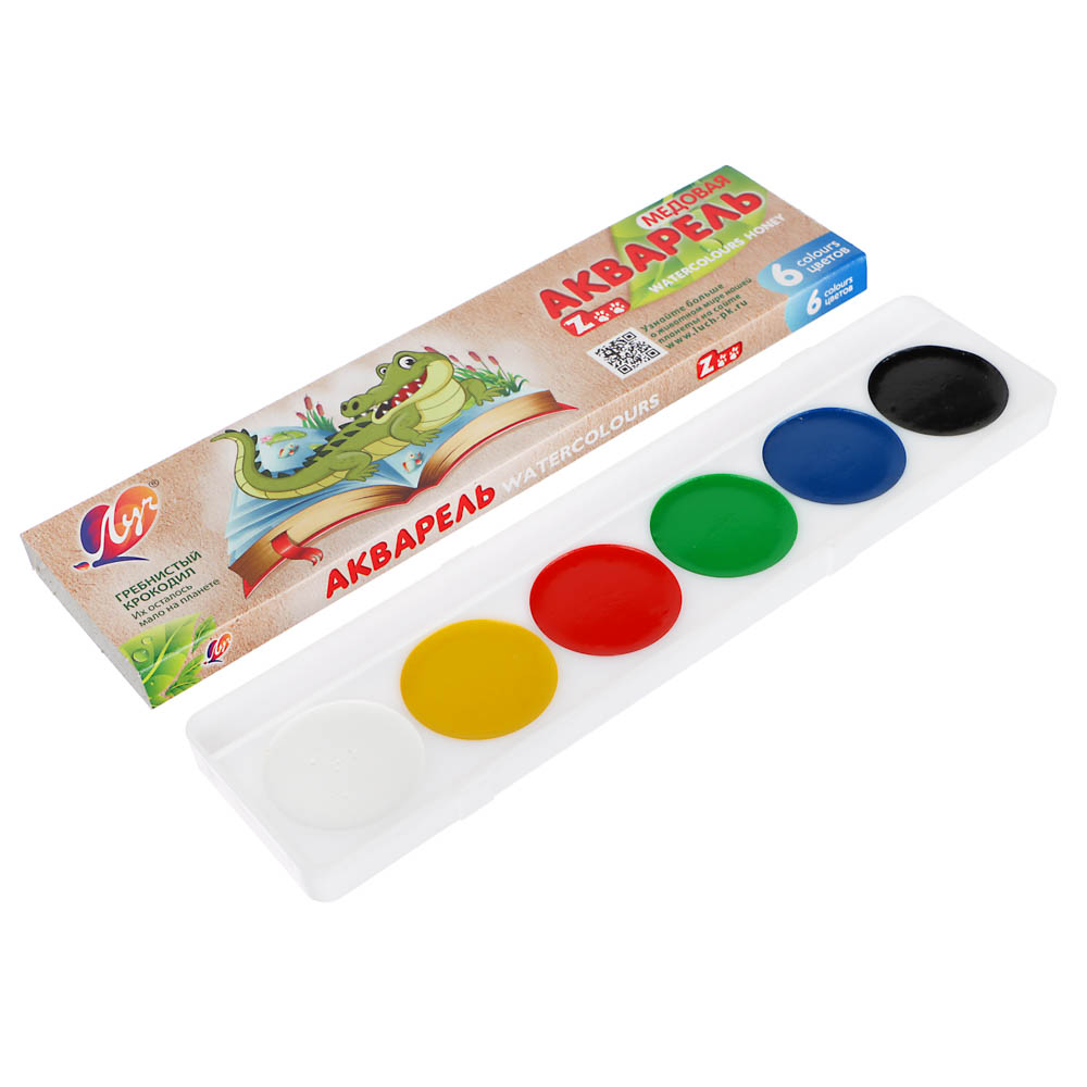 ЛУЧ Акварель медовая "ZOO", 6 цветов, без кисти, в картонной коробке, арт.№ 231-049