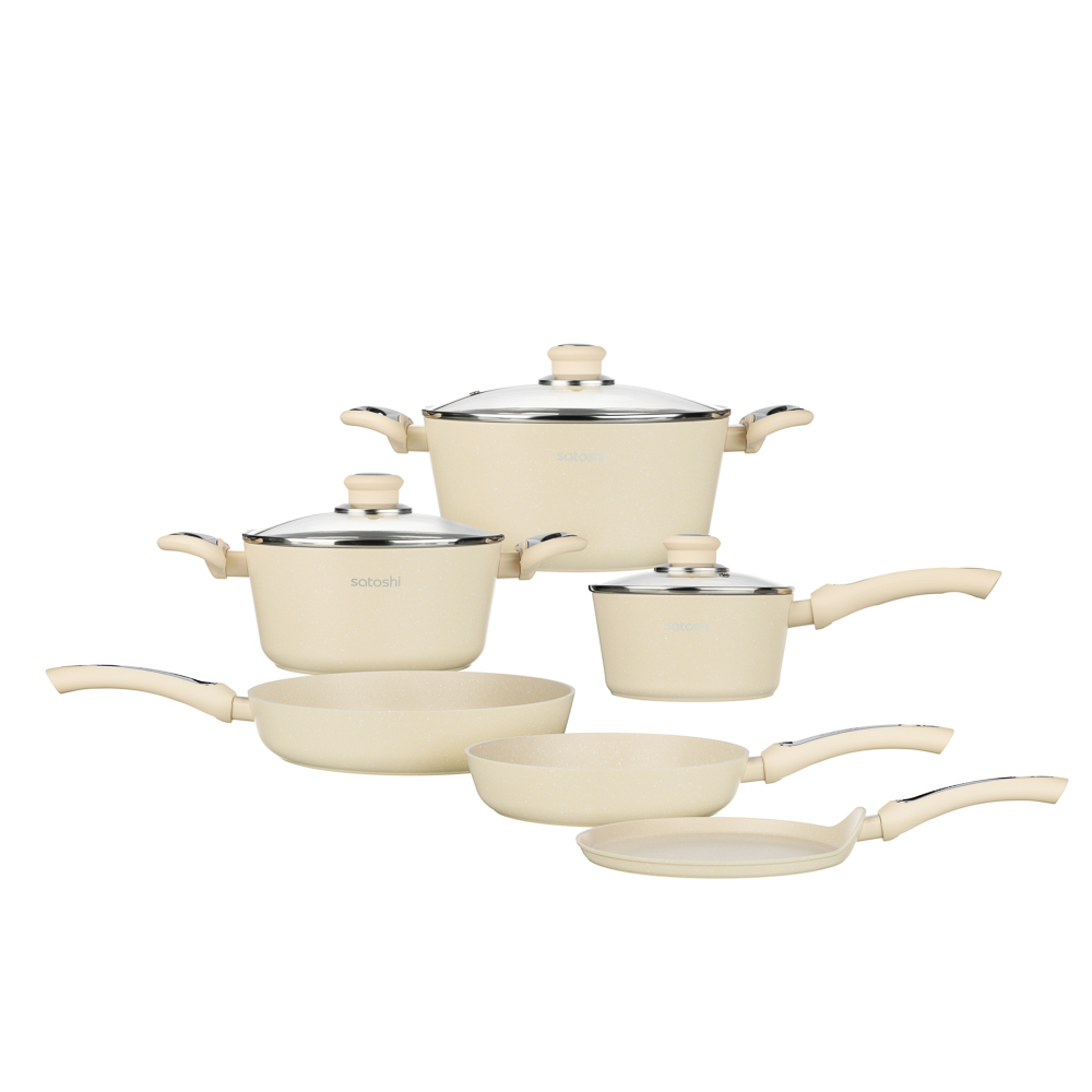 Набор посуды 9 предметов SATOSHI Турин, кастрюли 20 см, 24 см (2,7 л, 4,5 л), ковш 16 см, сковороды 24 см, 28 см, блинная сковорода 24 см, индукция, арт.№ 846-750