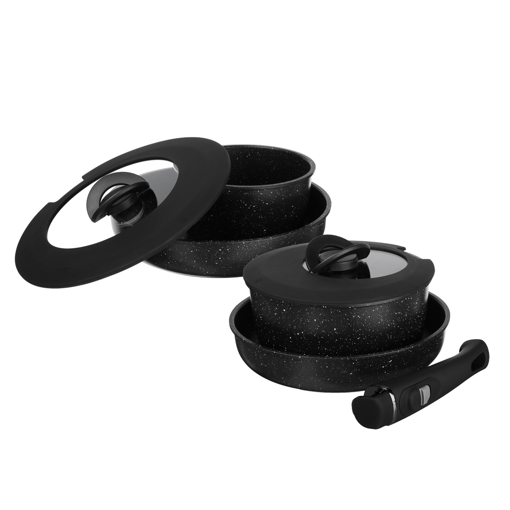 Набор посуды SATOSHI Нера 7 предметов сковороды 24 см, 26 см; ковш 1,7 л; кастрюля 2,8 л; крышки, съемные ручки, а/п покрытие мрамор, индукция, арт.№ 846-751