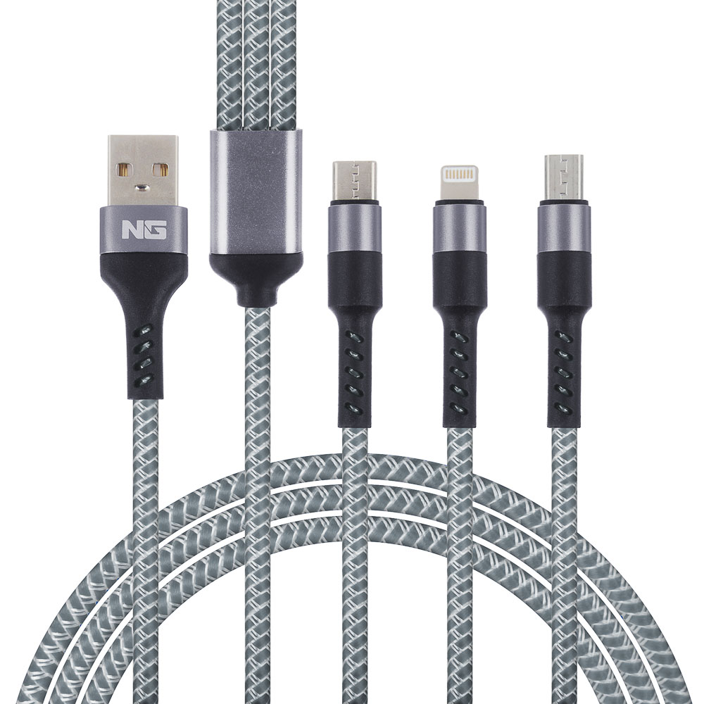 NG Кабель для зарядки телефона 3 в 1, штекер iP/microUSB/Type-C, 2м, 1.5А, пластик, арт.№ 788-032