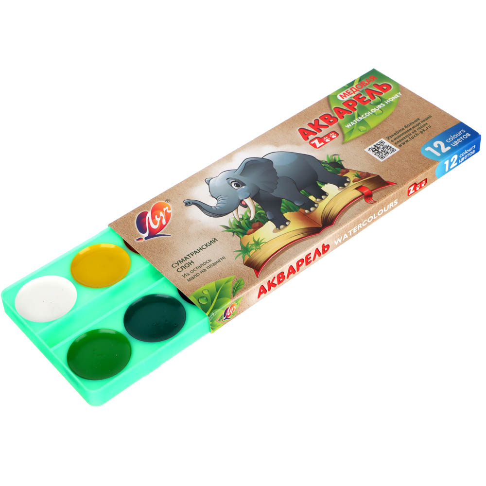 ЛУЧ Акварель медовая "ZOO", 12 цветов, без кисти, в картонной коробке, 19С 1247-08, арт.№ 231-050