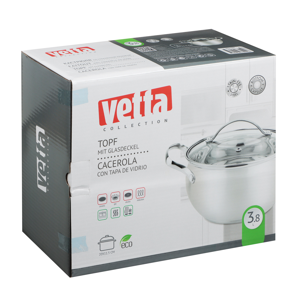 VETTA Женева Кастрюля 20х11,5см. 3,8л. со стекл. крышкой, индукция, арт.№ 822-084