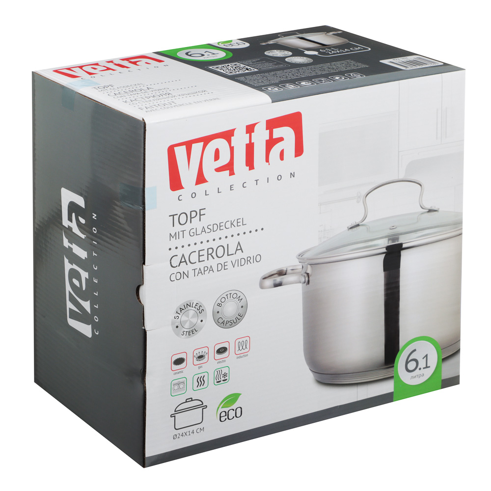 VETTA Берн Кастрюля 24х14см. 6,1л. со стекл. крышкой, индукция, арт.№ 822-102