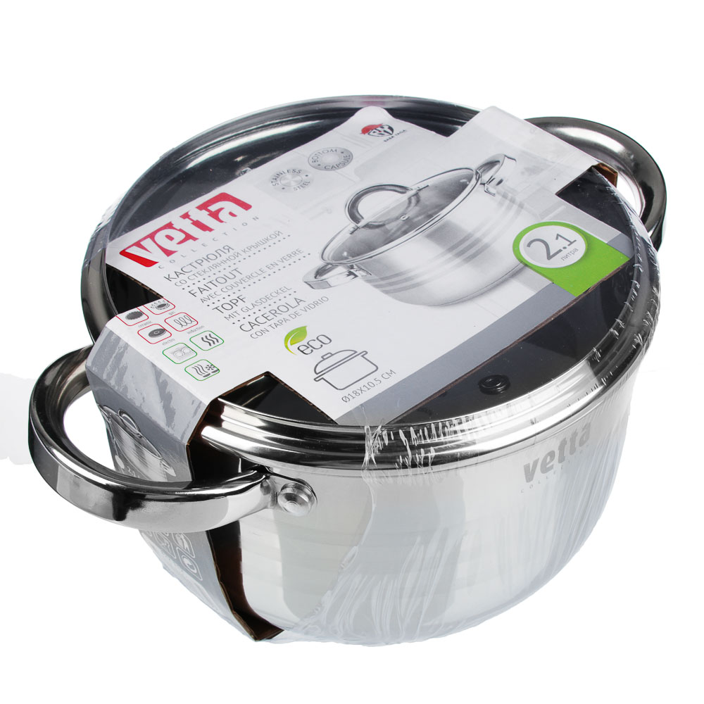 VETTA Фултон Кастрюля 18х10,5см, 2,1л, со стекл. крышкой, индукция, арт.№ 822-112