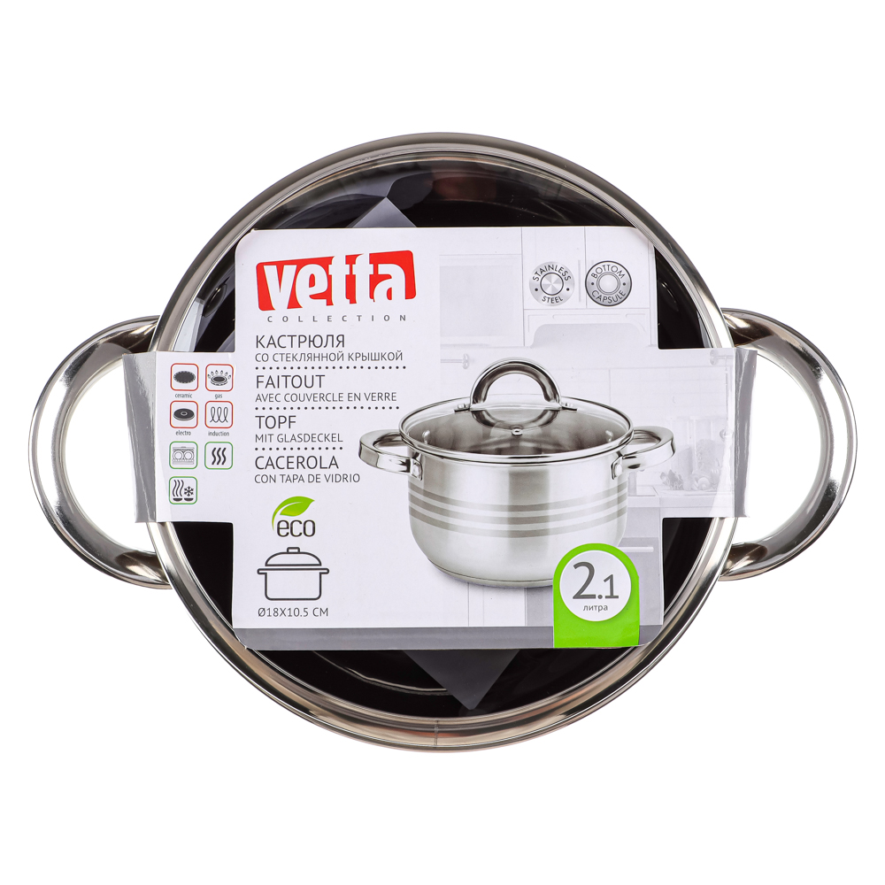VETTA Фултон Кастрюля 18х10,5см, 2,1л, со стекл. крышкой, индукция, арт.№ 822-112