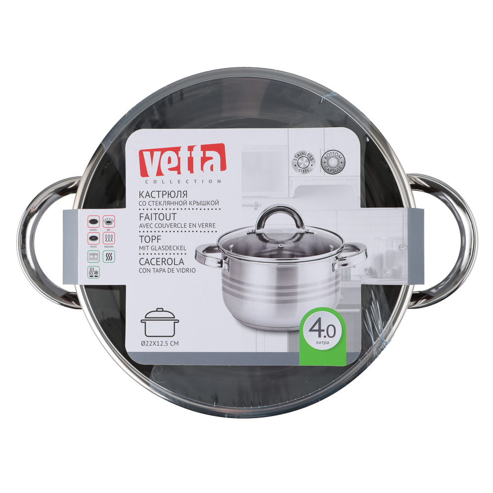 VETTA Фултон Кастрюля 22х12,5см, 4,0л, со стекл. крышкой, индукция, арт.№ 822-114
