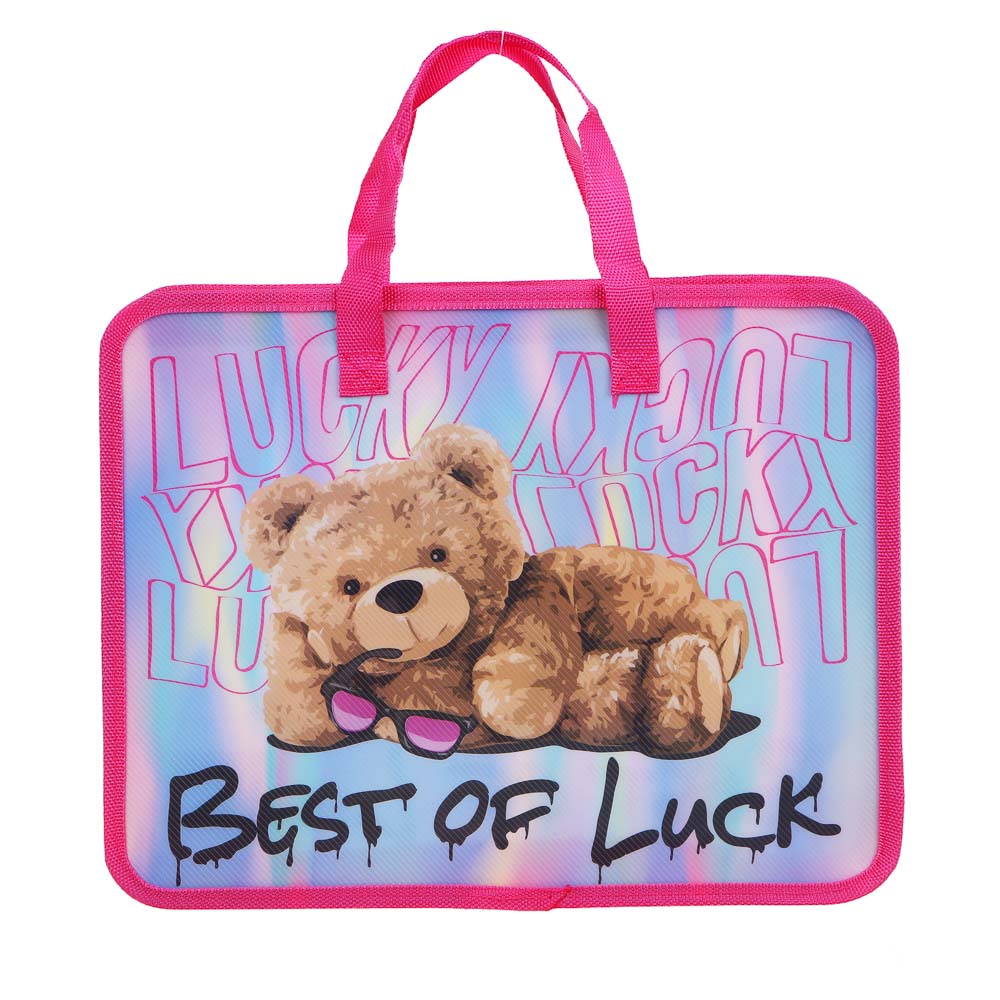 СЧАСТЛИВЫЙ МИШКА Папка для тетрадей 33,5x26см, для A4, расширение, молния сверху, ручки, пластик, арт.№ 236-093