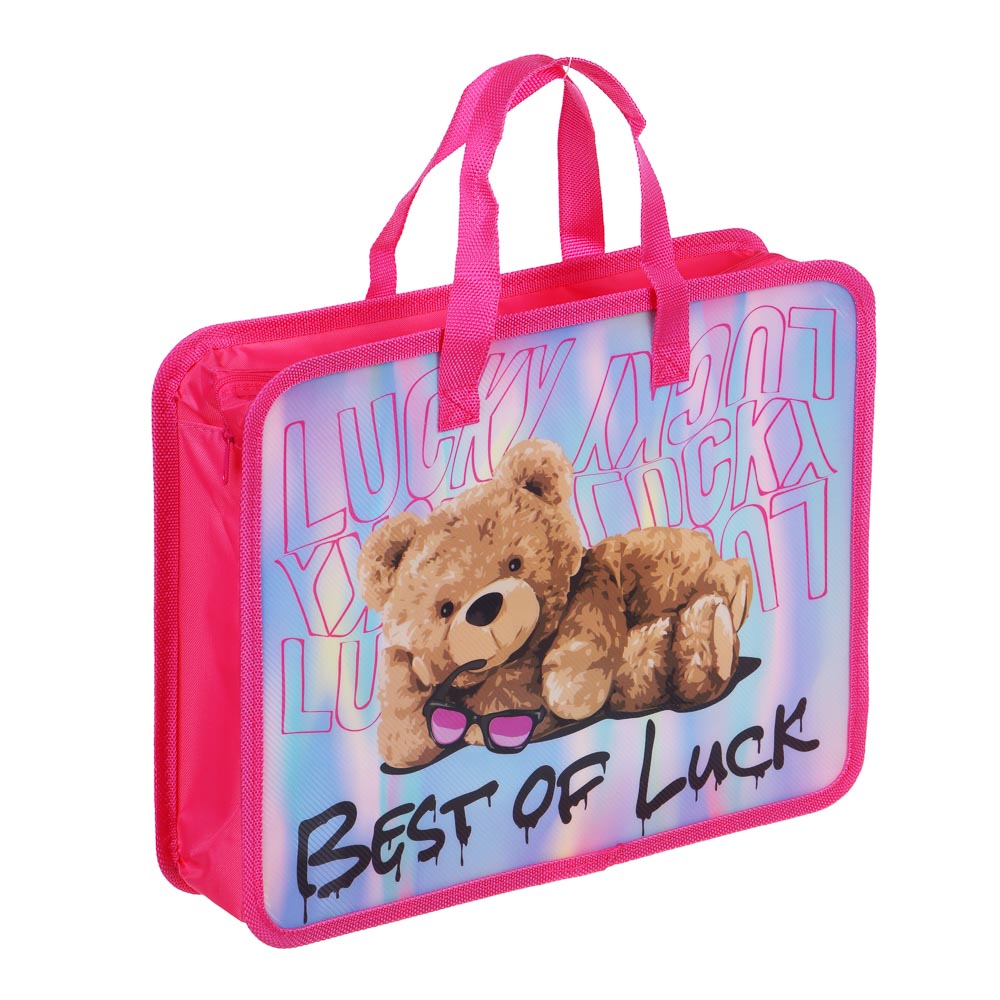 СЧАСТЛИВЫЙ МИШКА Папка для тетрадей 33,5x26см, для A4, расширение, молния сверху, ручки, пластик, арт.№ 236-093