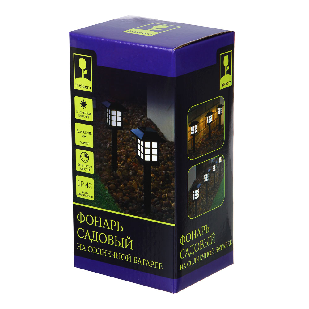 INBLOOM Фонарь садовый на солнечной батарее, пластик, 8,5х8,5х38см 1,2 Вт  NI-MH 1.2V/600 Мач, IP 42, арт.№ 475-305
