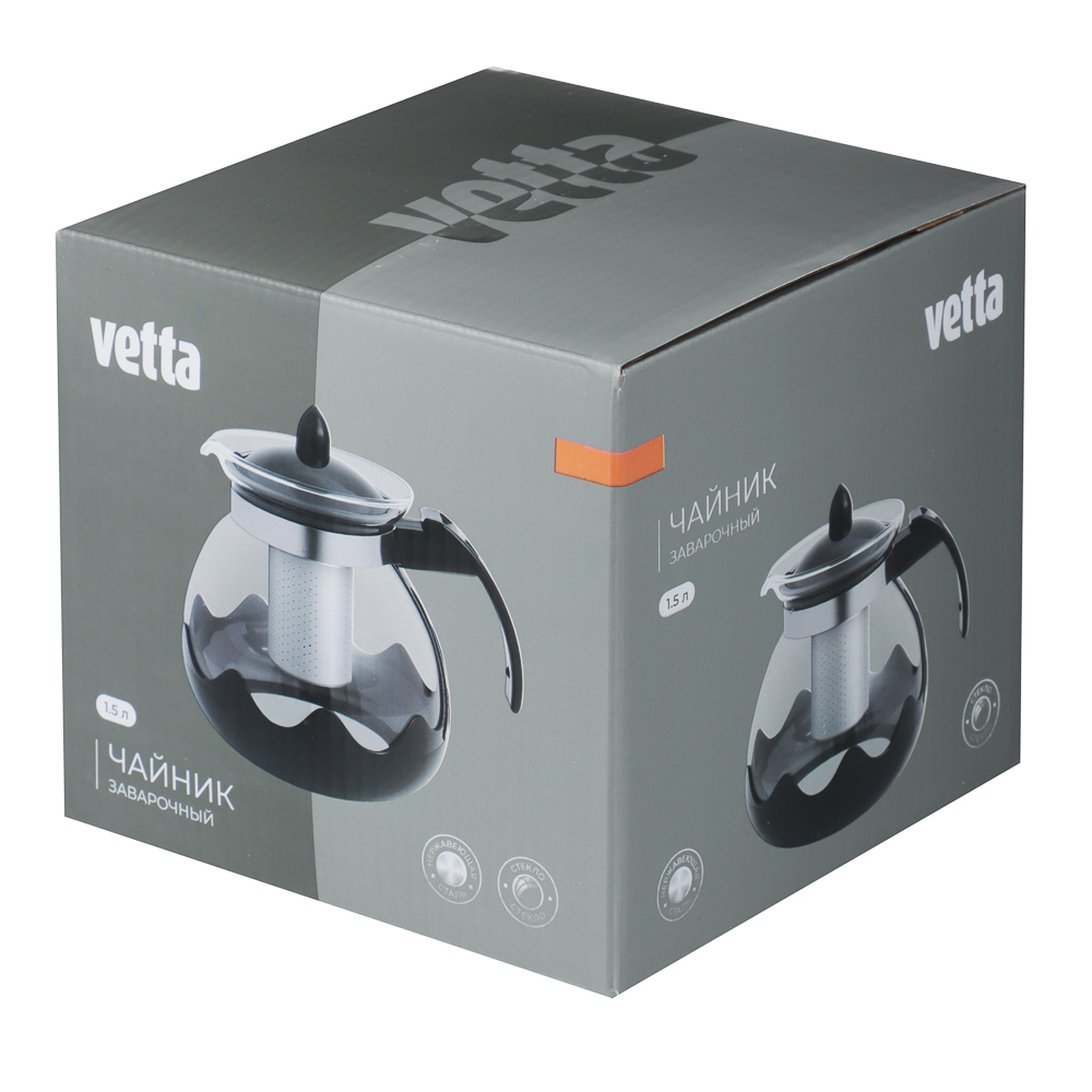 VETTA Классик Чайник заварочный 1,5л, стекло, нерж.сталь, арт.№ 850-273