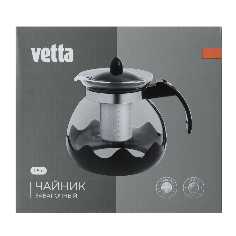 VETTA Классик Чайник заварочный 1,5л, стекло, нерж.сталь, арт.№ 850-273