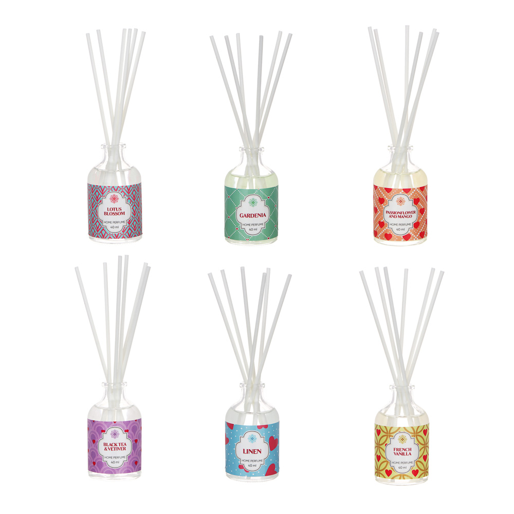 LADECOR Аромадиф.с пал.,40 мл,6 аром.Лён,Гардения,Лотос,Ваниль,Пассифлора и манго,Черн.чай и ветивер, арт.№ 412-048