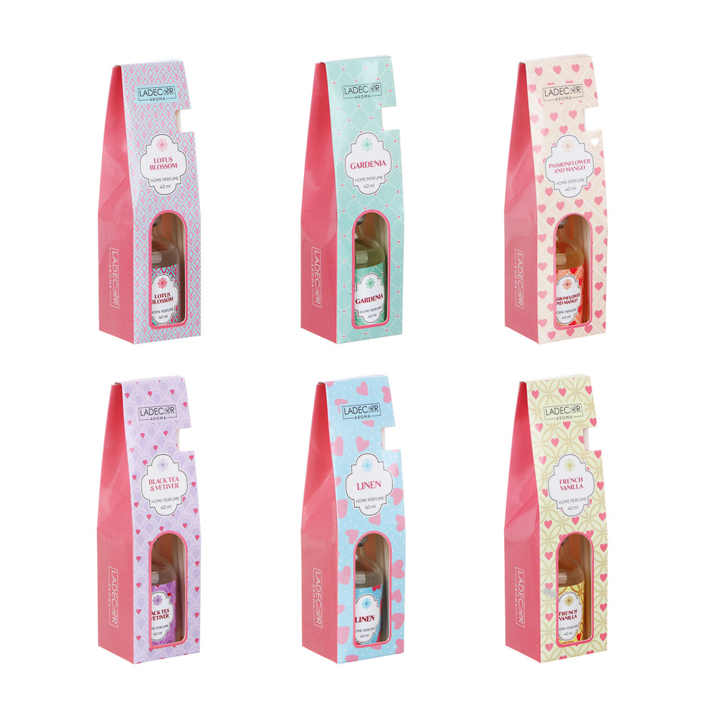 LADECOR Аромадиф.с пал.,40 мл,6 аром.Лён,Гардения,Лотос,Ваниль,Пассифлора и манго,Черн.чай и ветивер, арт.№ 412-048